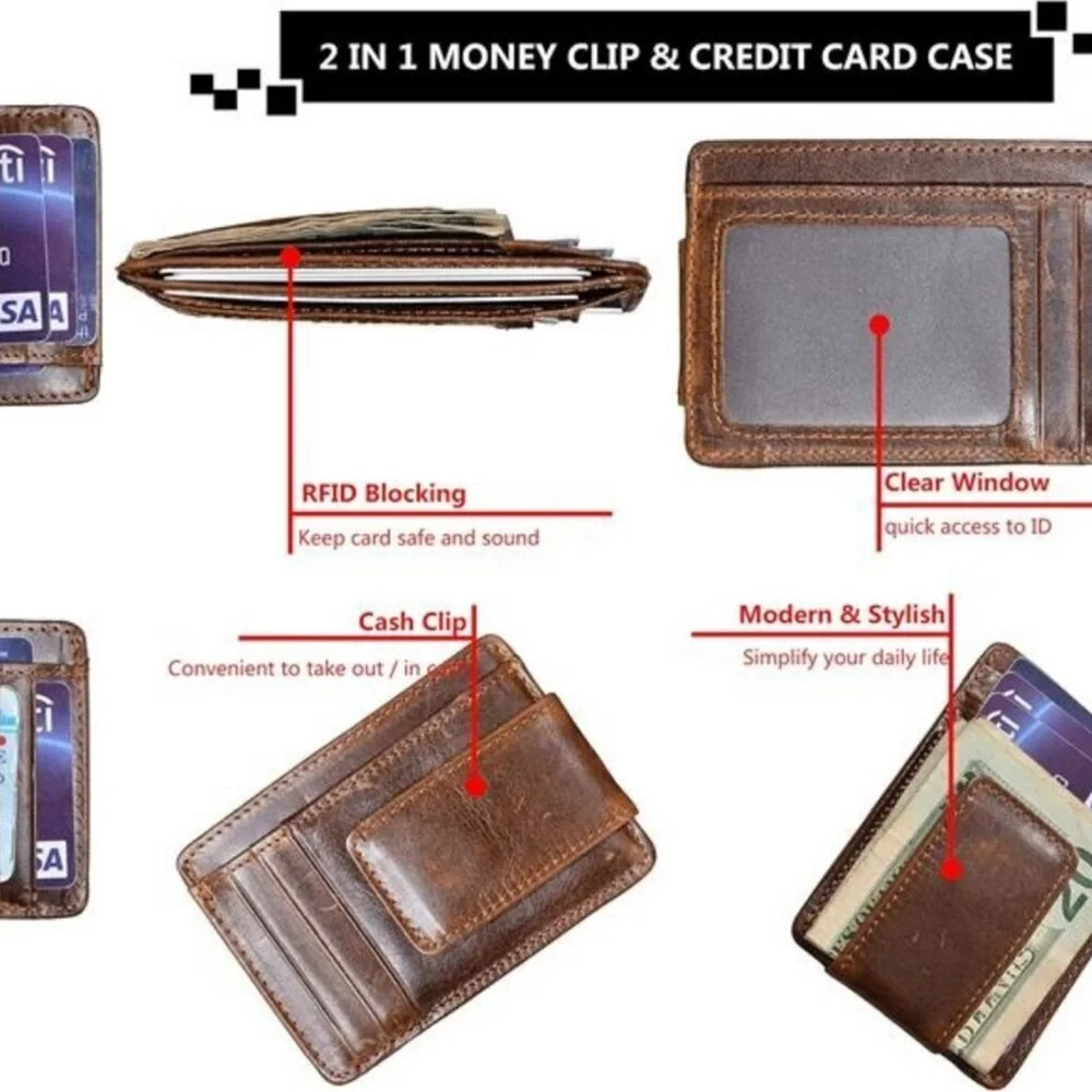 Money Clip RFID Front Pocket Wallet Men Leather Slim Minimalist Wallet Leather